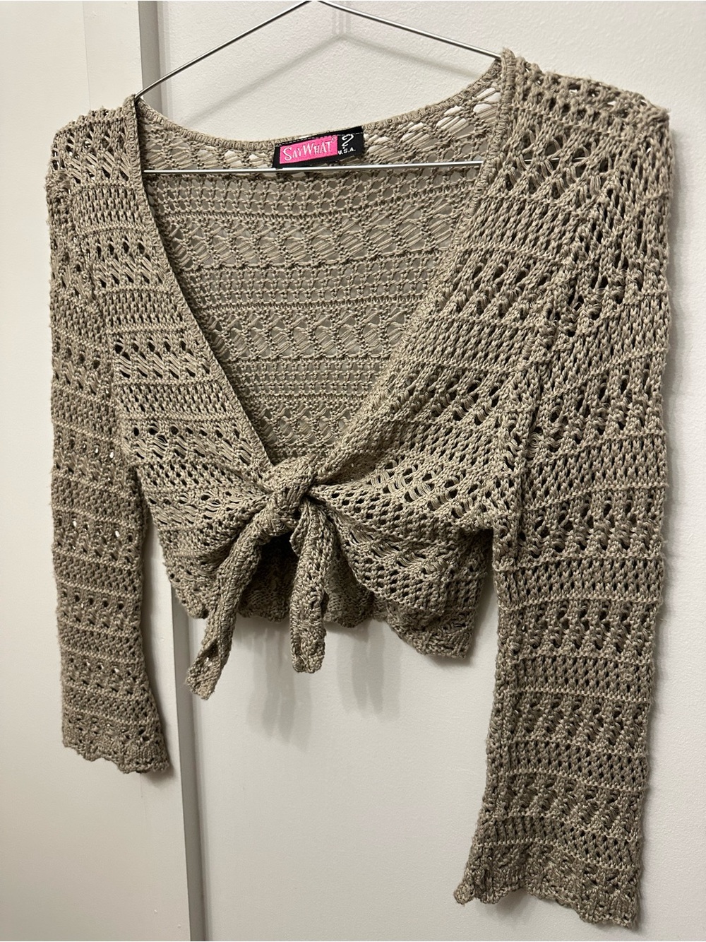 Y2K “Say What?” Crochet Tie-Front Cardigan in Taupe - Picture 2 of 7